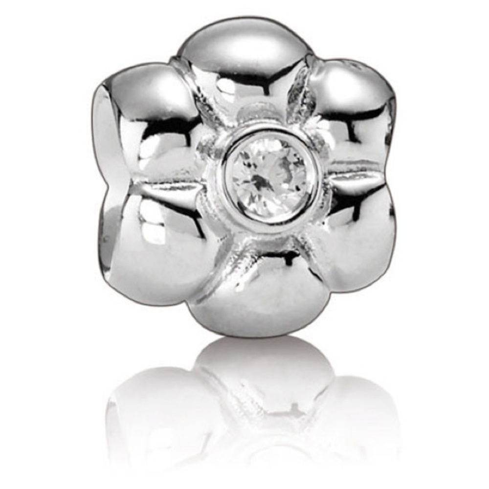 Genuine Retired PANDORA Silver Flower Charm with Clear CZ; 790185CZ